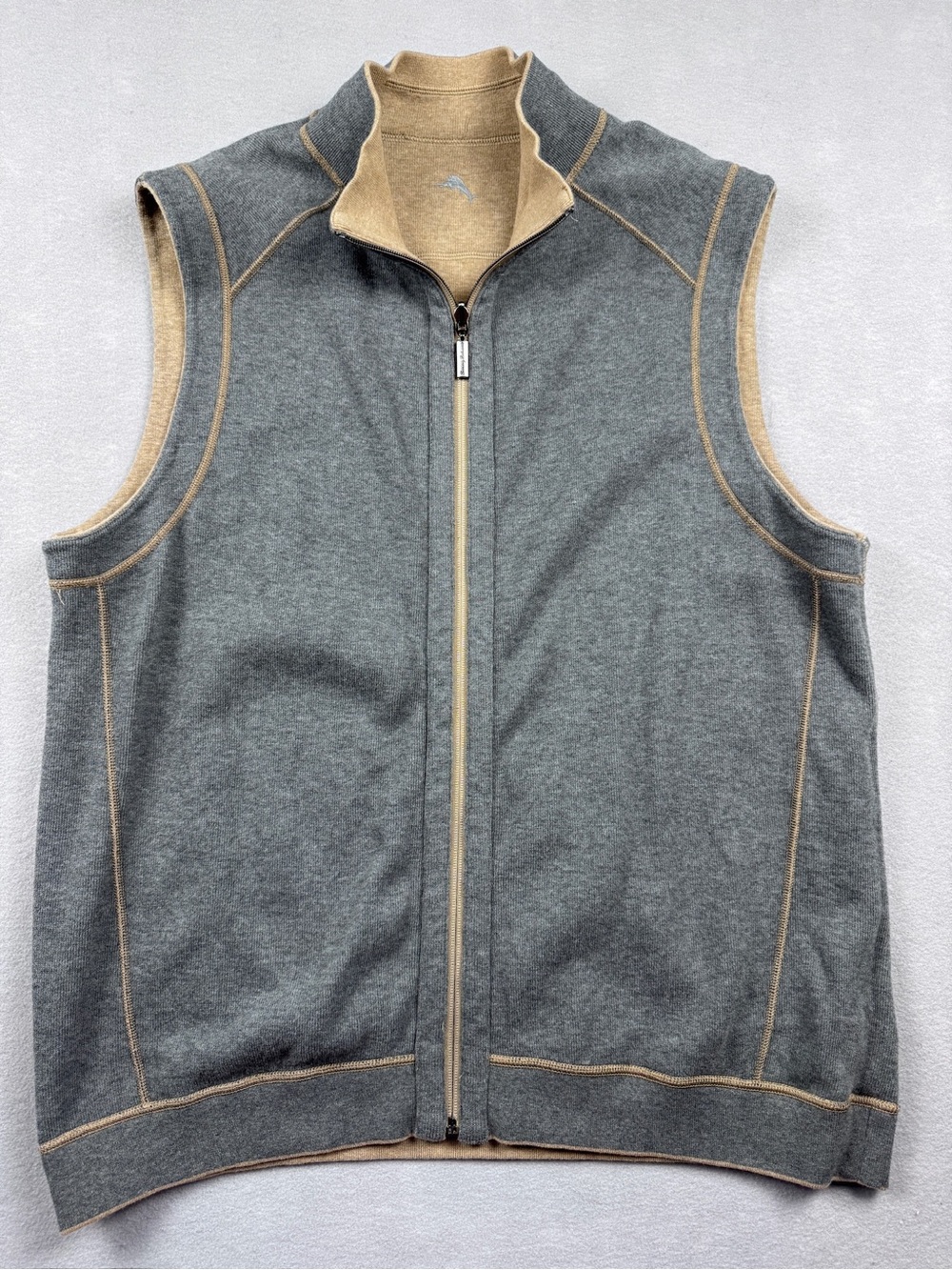 Tommy Bahama Mens Large Flip Side Classic Reversible Full-Zip Vest Beige Gray